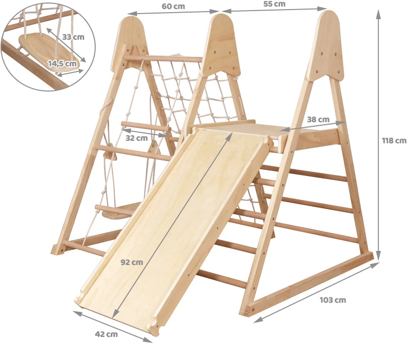 Jokomisiada Wooden Indoor Playground 4-in-1 Slide Climbing Net Ladder Swing SP0874
