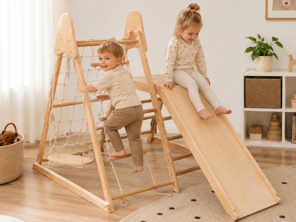 Jokomisiada Wooden Indoor Playground 4-in-1 Slide Climbing Net Ladder Swing SP0874