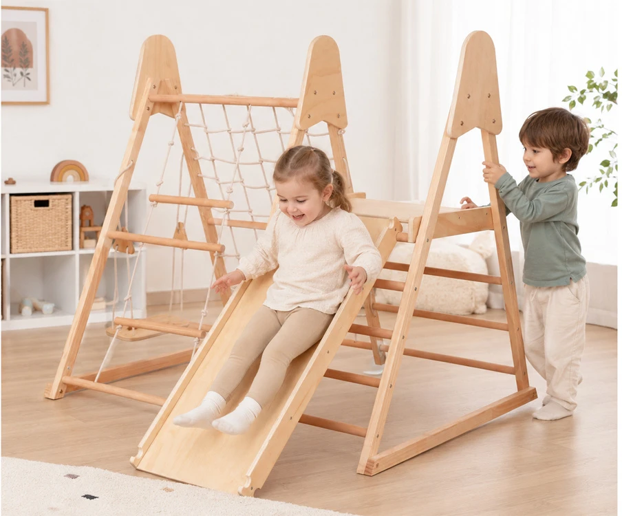 Jokomisiada Wooden Indoor Playground 4-in-1 Slide Climbing Net Ladder Swing SP0874