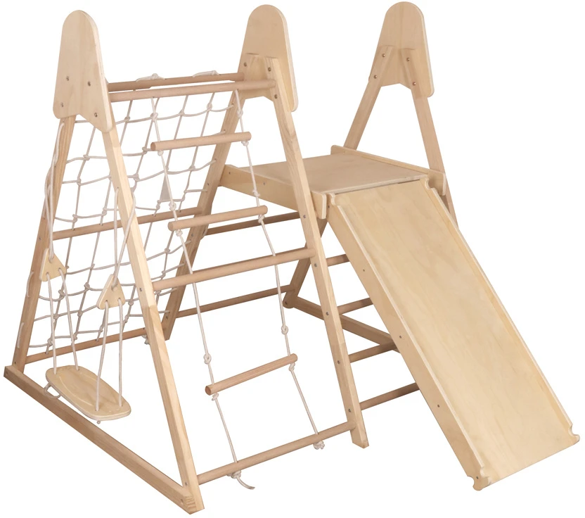 Jokomisiada Wooden Indoor Playground 4-in-1 Slide Climbing Net Ladder Swing SP0874