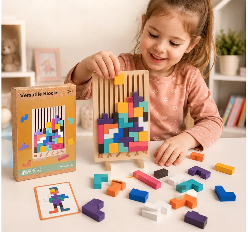 Dėlionė Jokomisiada Wooden Logic Puzzle with Colorful Blocks – Tetris Puzzle ZA6613