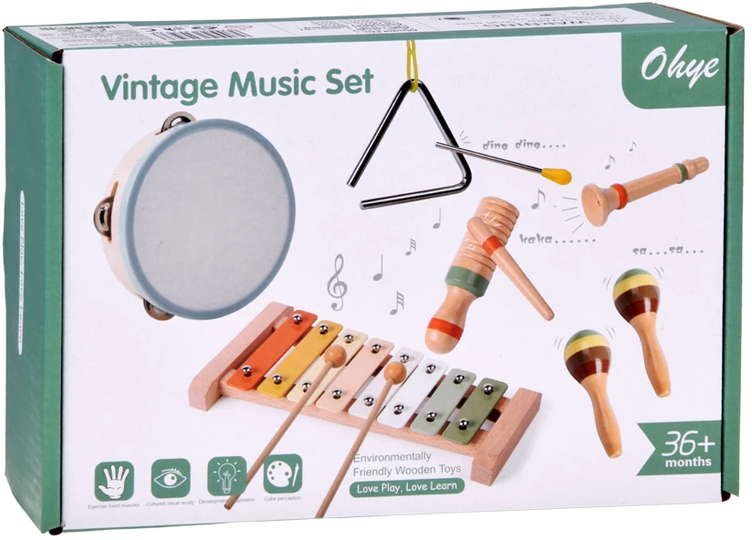 Jokomisiada Wooden musical instruments cymbals, tambourine, triangle - 6 pcs IN0191