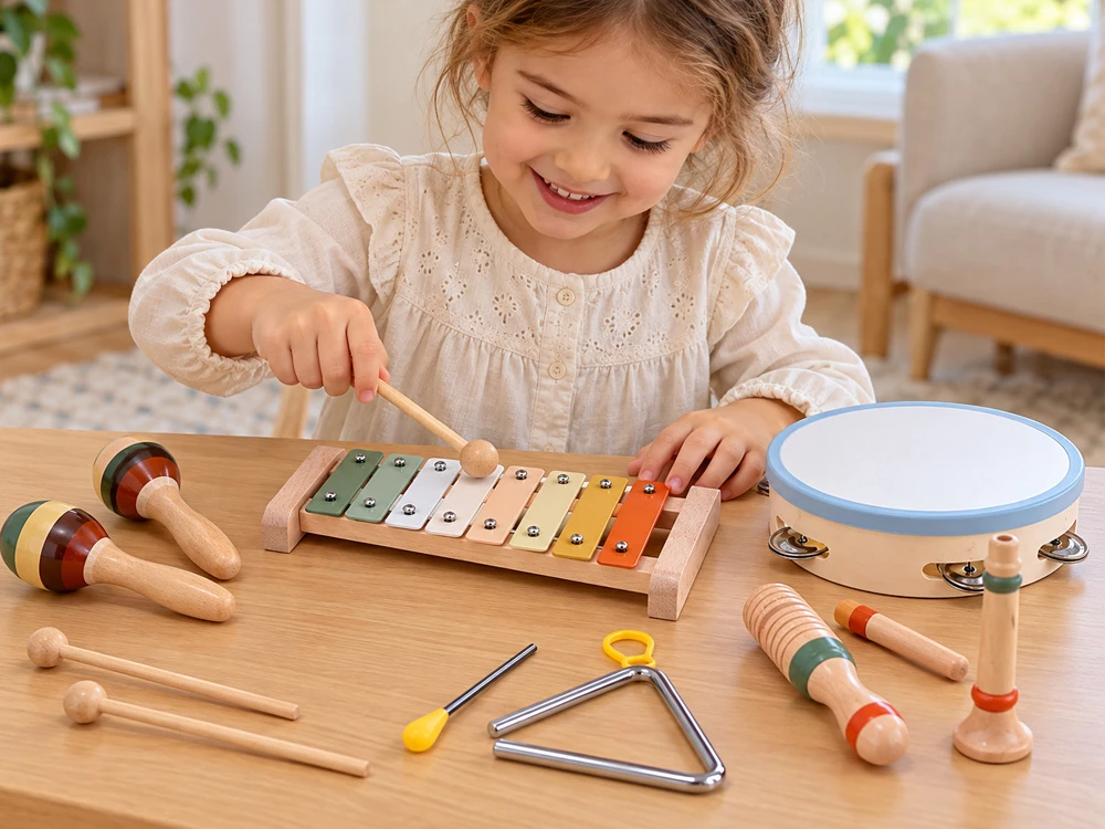 Jokomisiada Wooden musical instruments cymbals, tambourine, triangle - 6 pcs IN0191