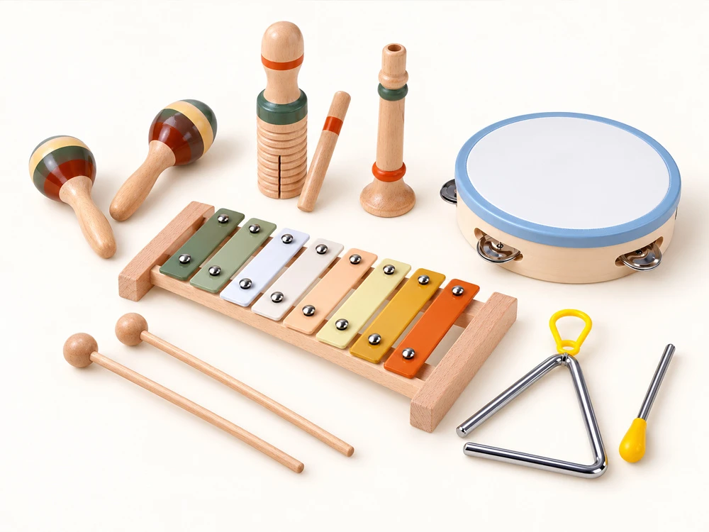 Jokomisiada Wooden musical instruments cymbals, tambourine, triangle - 6 pcs IN0191