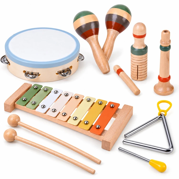 Jokomisiada Wooden musical instruments cymbals, tambourine, triangle - 6 pcs IN0191