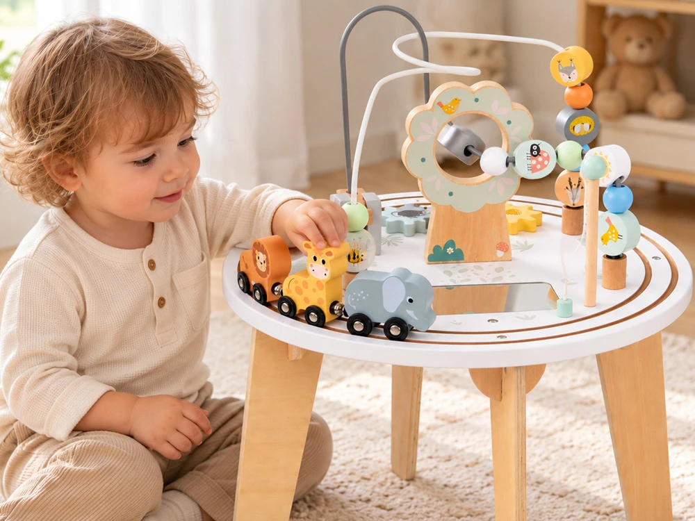 Jokomisiada Wooden Sensory Activity Table with Bead Maze and Animal Train ZA6493