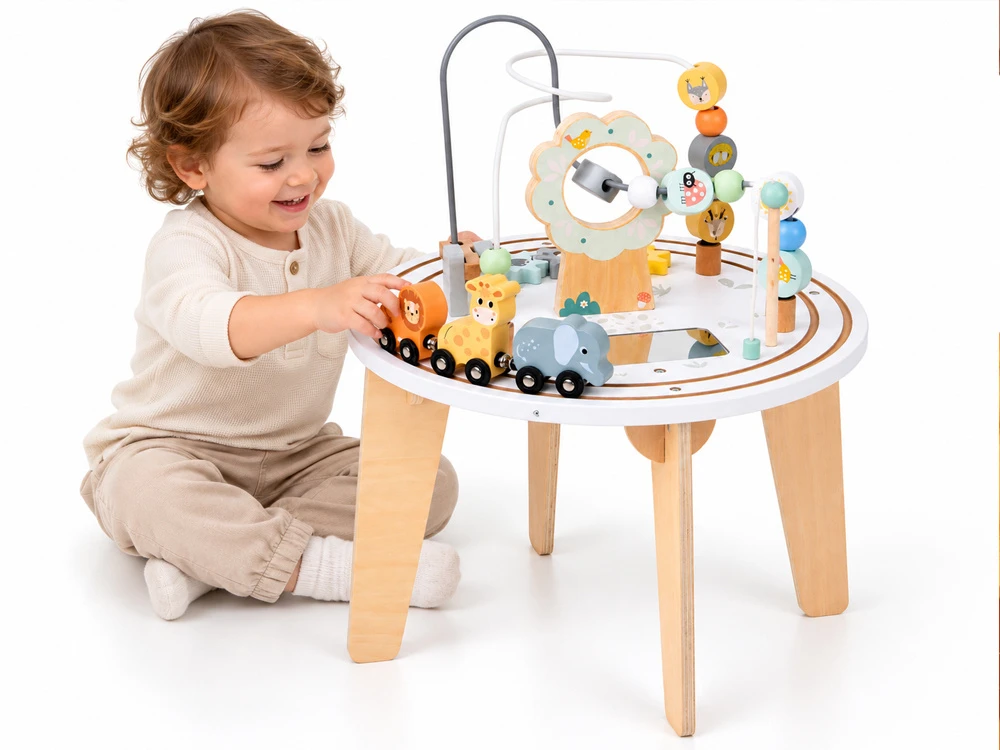 Jokomisiada Wooden Sensory Activity Table with Bead Maze and Animal Train ZA6493