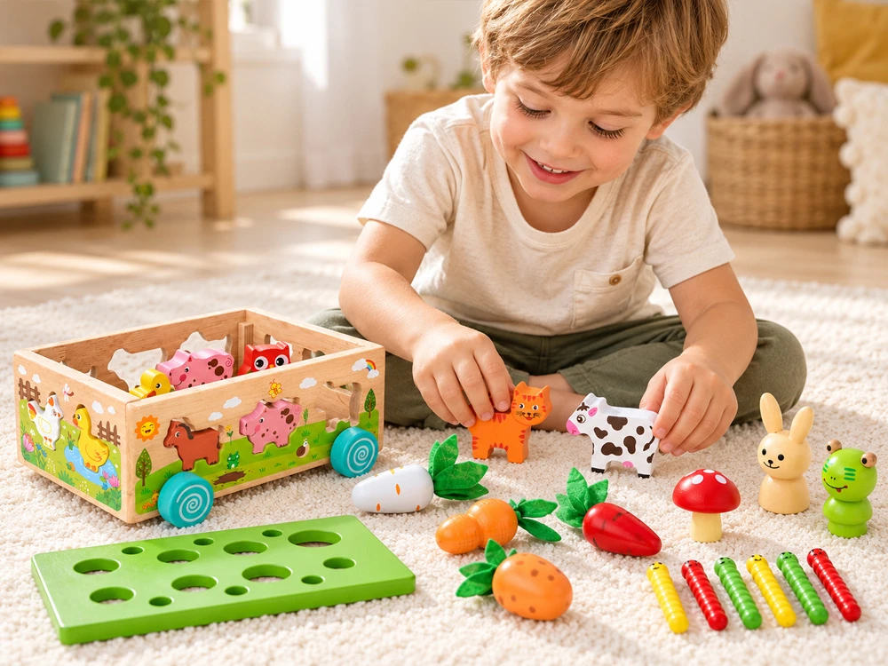 Jokomisiada Wooden SORTER 3-in-1 trolley, catching bugs, putting animals in ZA6291