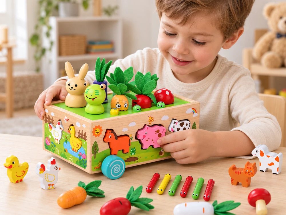 Jokomisiada Wooden SORTER 3-in-1 trolley, catching bugs, putting animals in ZA6291
