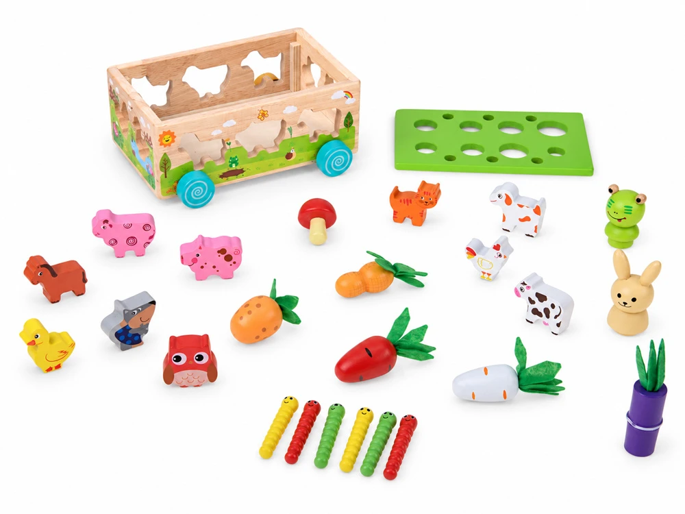 Jokomisiada Wooden SORTER 3-in-1 trolley, catching bugs, putting animals in ZA6291
