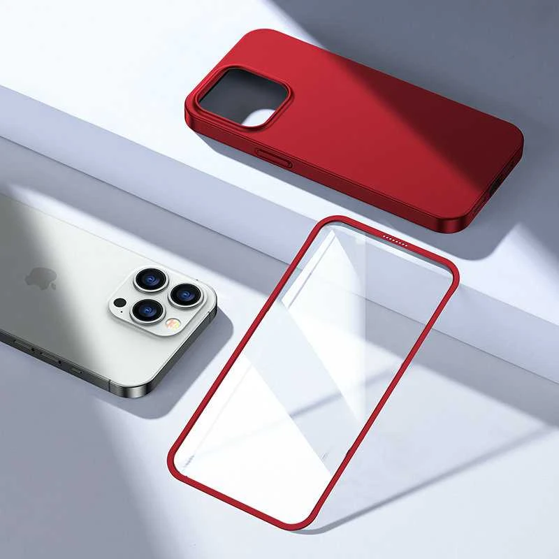 Joyroom 360 priekinis ir galinis dangtelis telefonui Apple iPhone 13 Pro Max + apsauginis ekrano stiklas raudonos spalvos (JR-BP928 red)