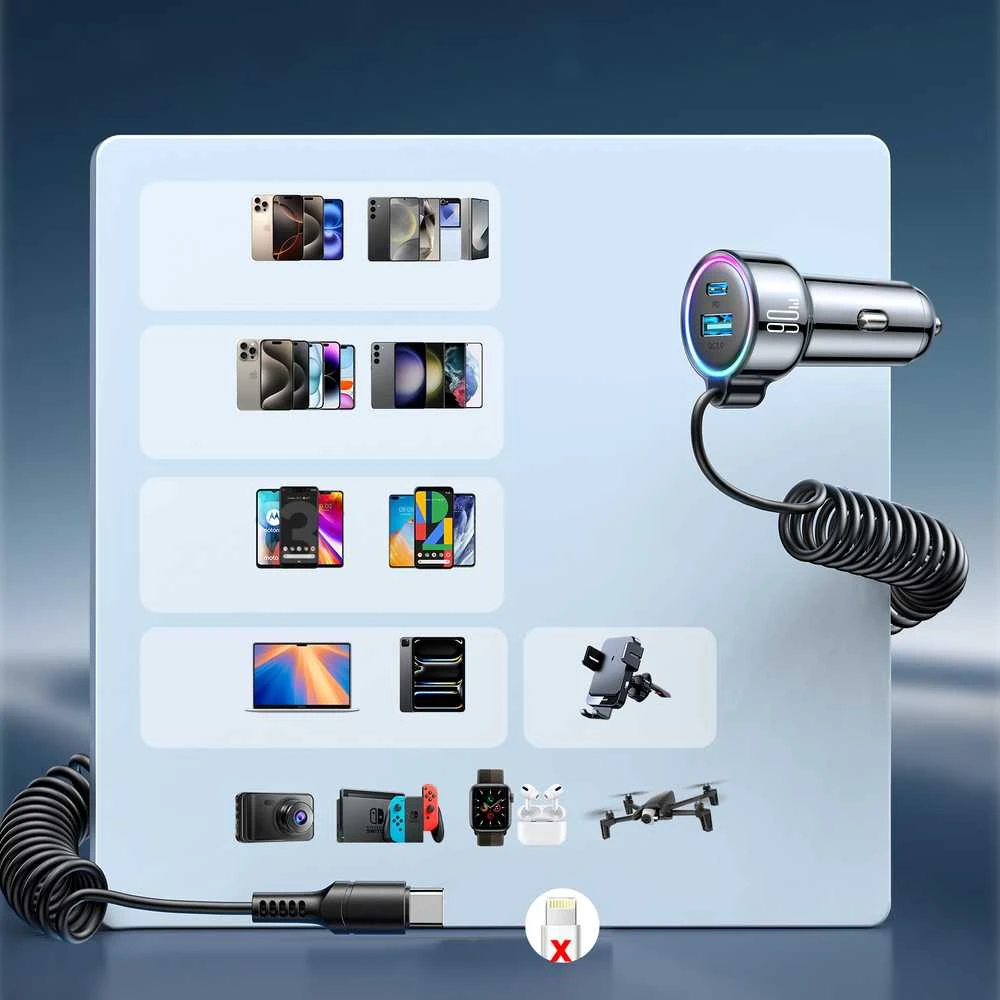 Įkroviklis automobilinis Joyroom (JR-CL07) 3IN1 (1xUSB, 1xUSB-C 1.6M 72W) su Type-C laidu juodas