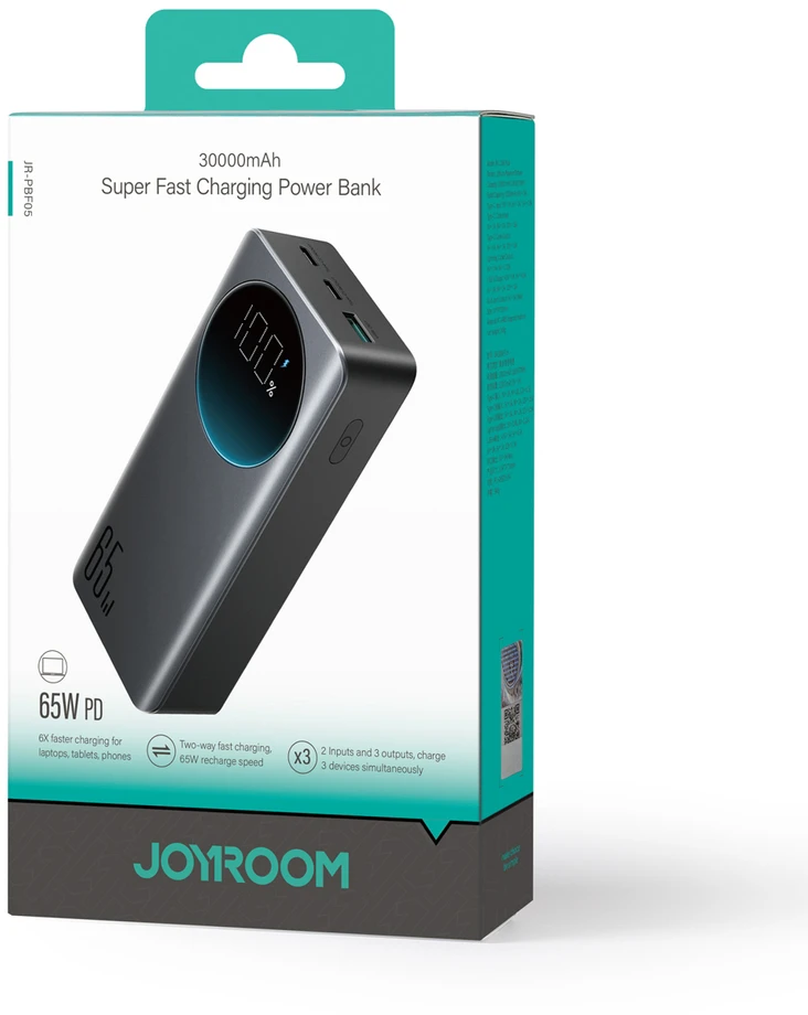 Joyroom JR-PBF05 Pro 30000mAh 65W Powerbank with Digital Ekranas 2x USB-C 1x USB-A - Juodas