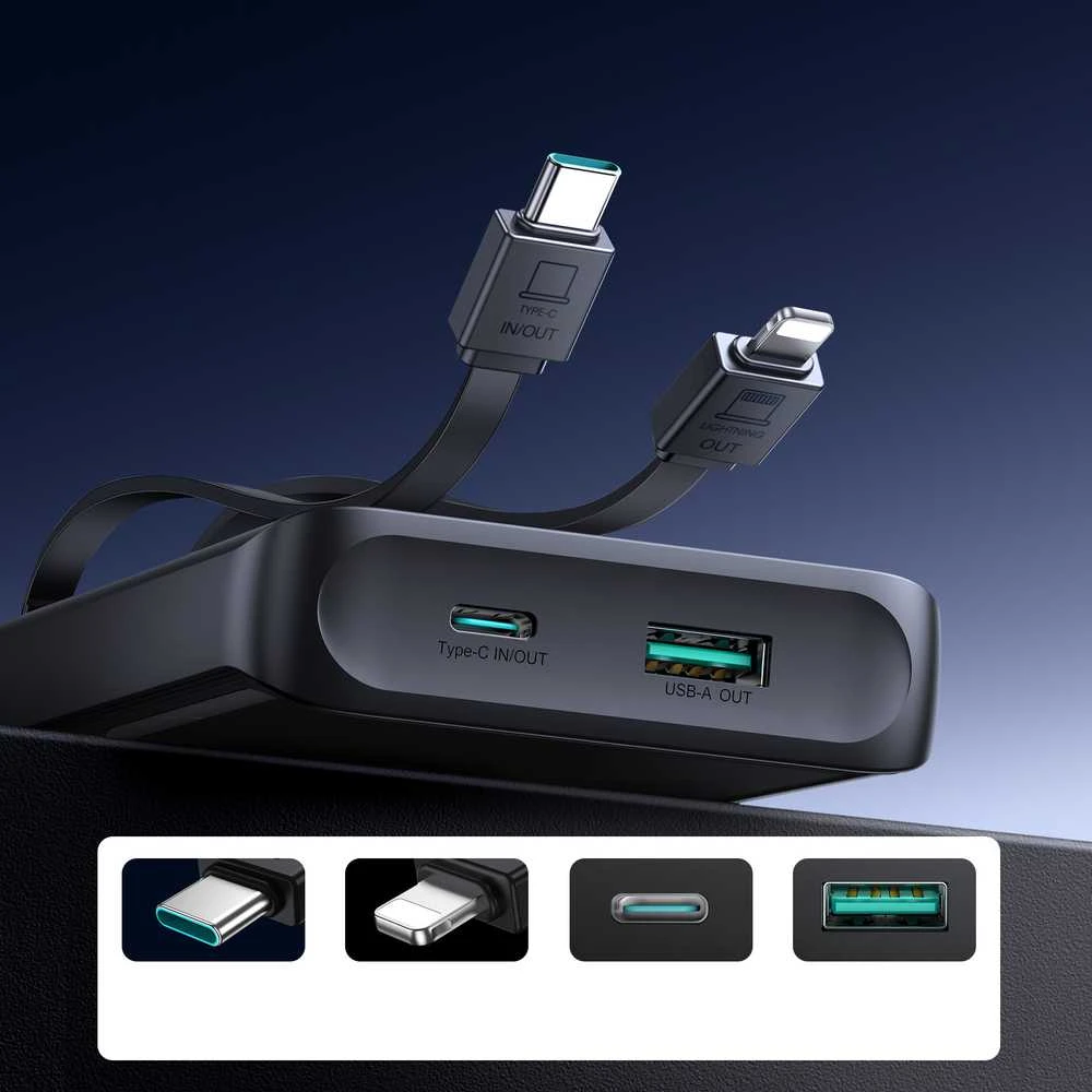 Joyroom JR-PBF19 22.5W 10000mAh Powerbank with Two Built-in Cables – juodos spalvos