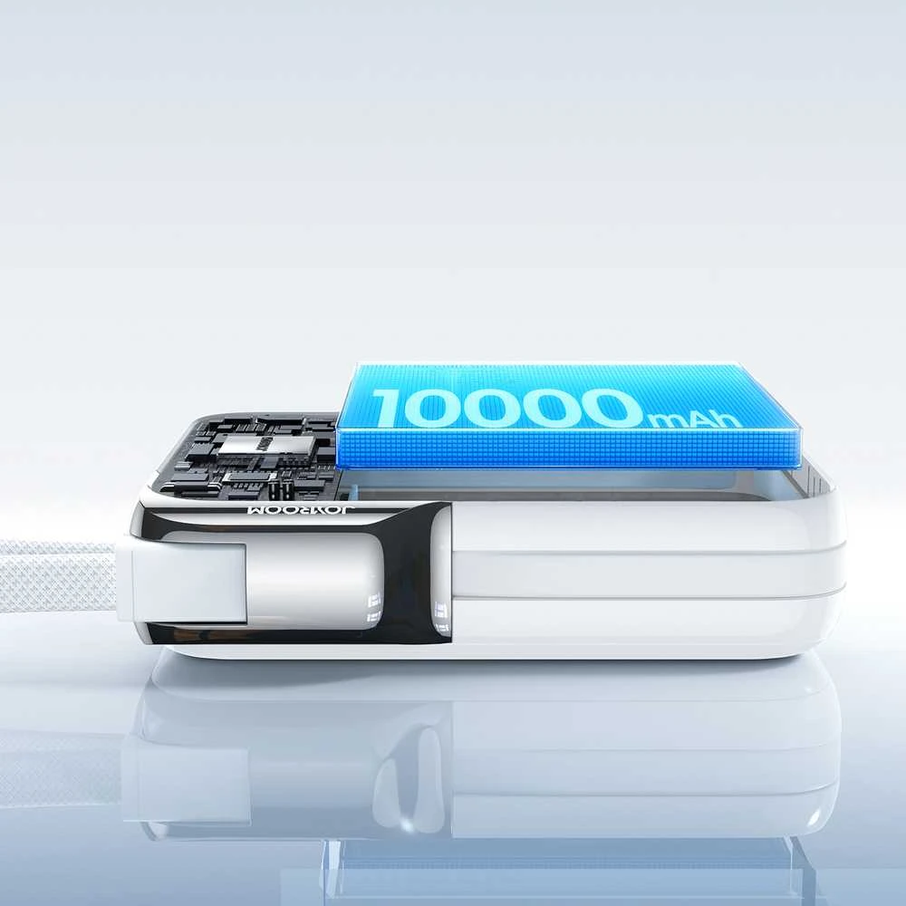 Joyroom JR-PBF27 Pro 10000mAh 30W išorinė baterija su integruotu USB-C laidu ir papildomu dvikrypčiu USB-C–Lightning laidu – balta