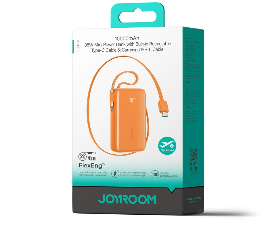 Joyroom JR-PR2 35W 10000mAh išorinė baterija su integruotu USB-C ir „Lightning“ laidu - Oranžinis