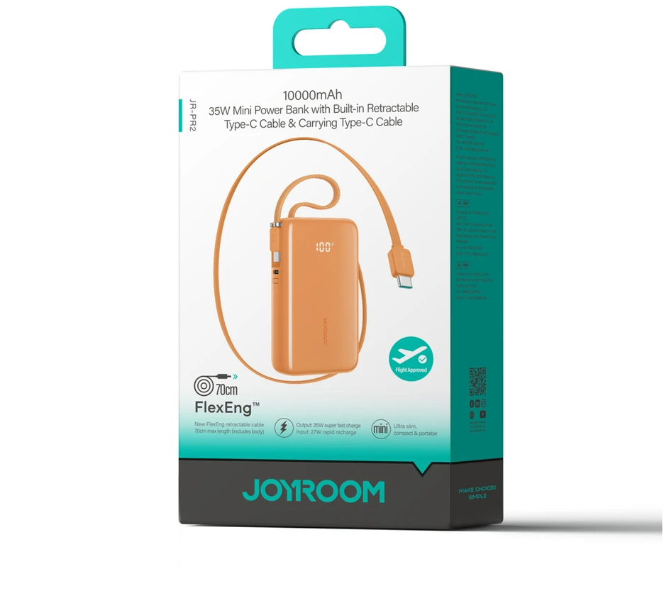 Joyroom JR-PR2L 35W 10000mAh išorinė baterija su integruotais USB-C laidais - Oranžinis