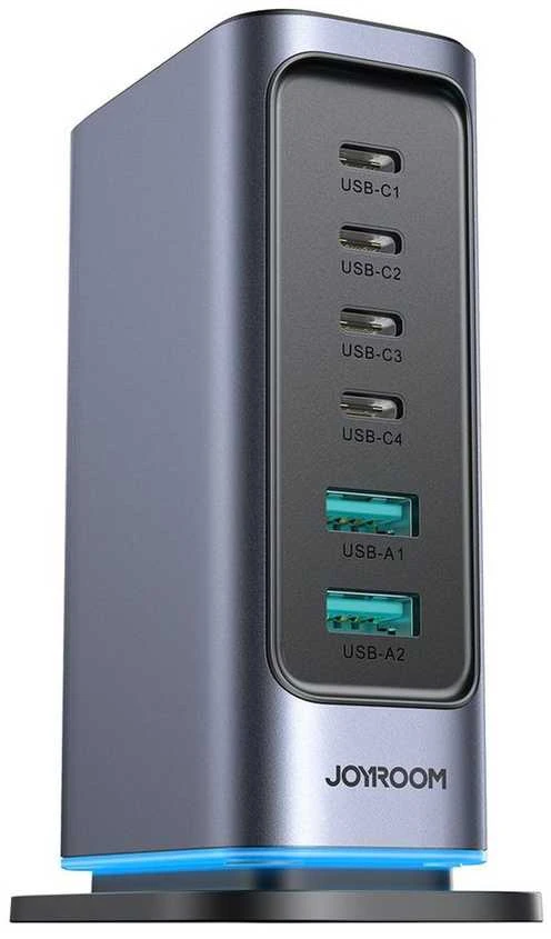 Joyroom JR-TCM02 GaN 65W įkroviklis įkrovimo stotelė 4xUSB-C 2xUSB-A UK kištukas – pilkas