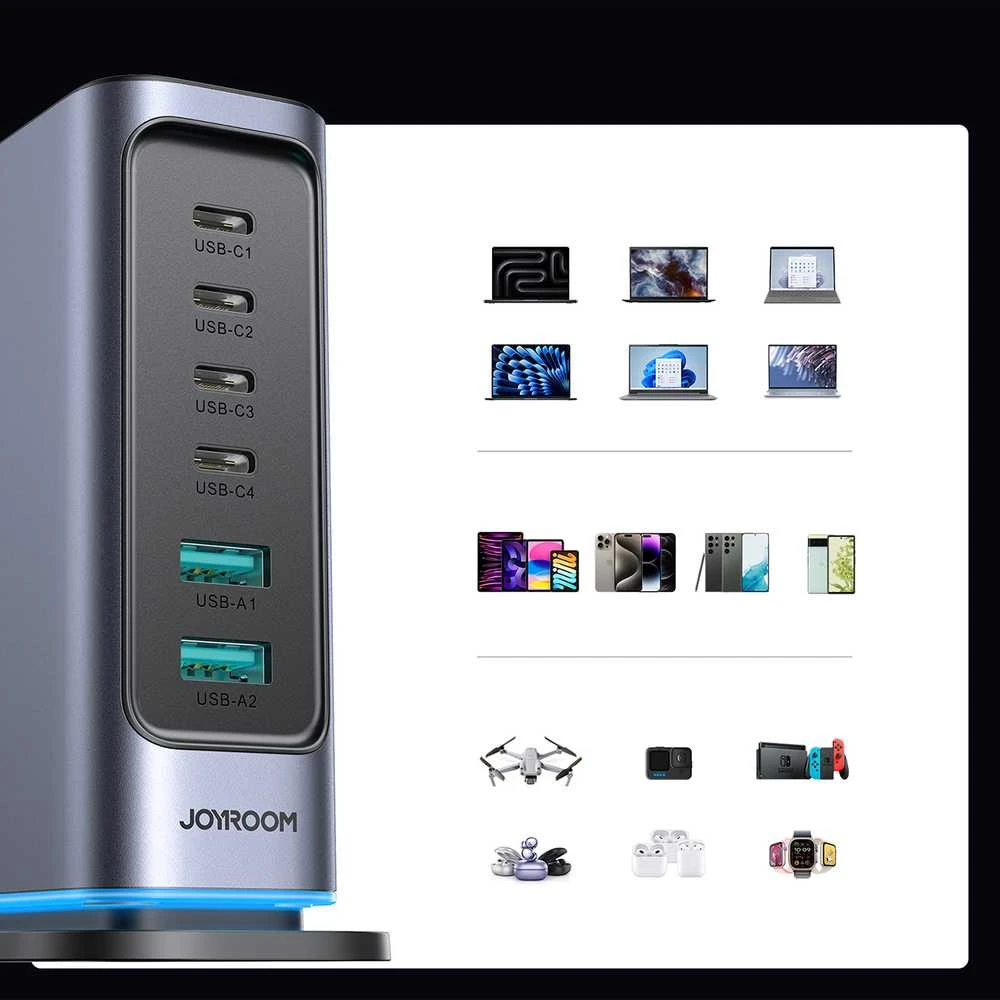 Įkroviklis Joyroom JR-TCM02 wieloportowa GaN 65W EU 4x USB-C 2x USB-A - ciemnoszara