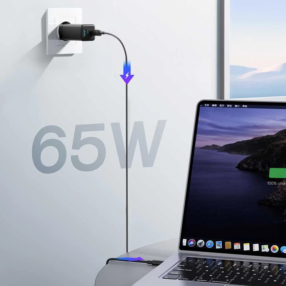 Joyroom JR-TG10 65W GaN 2x USB-C + USB-A sieninis įkroviklis su 100W USB-C - USB-C 1,2 m laidu - juodas