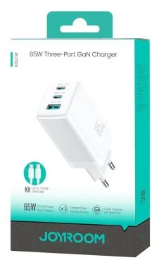 Joyroom Travel Charger GaN Fast Charger C+C+U, PD 65W with Type-C to Type-C Cable (1.2m), Baltas (JR-TG10)