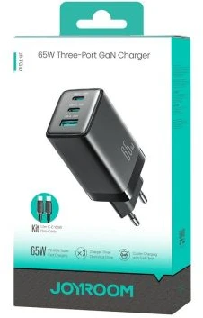 Joyroom Travel Charger GaN Fast Charger C+C+U, PD 65W with Type-C to Type-C Cable (1.2m), Juodas (JR-TG10)