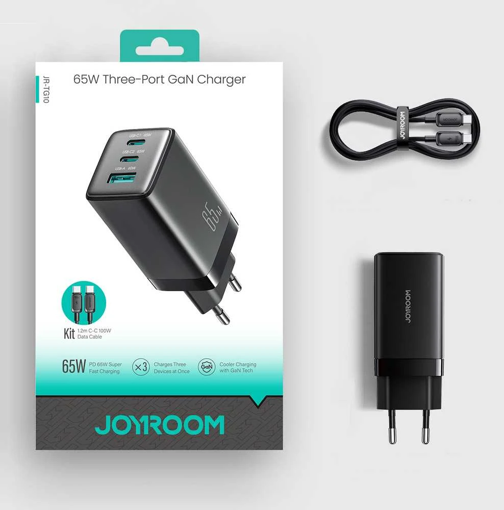 Joyroom JR-TG10 65W GaN 2x USB-C + USB-A sieninis įkroviklis su 100W USB-C - USB-C 1,2 m laidu - juodas