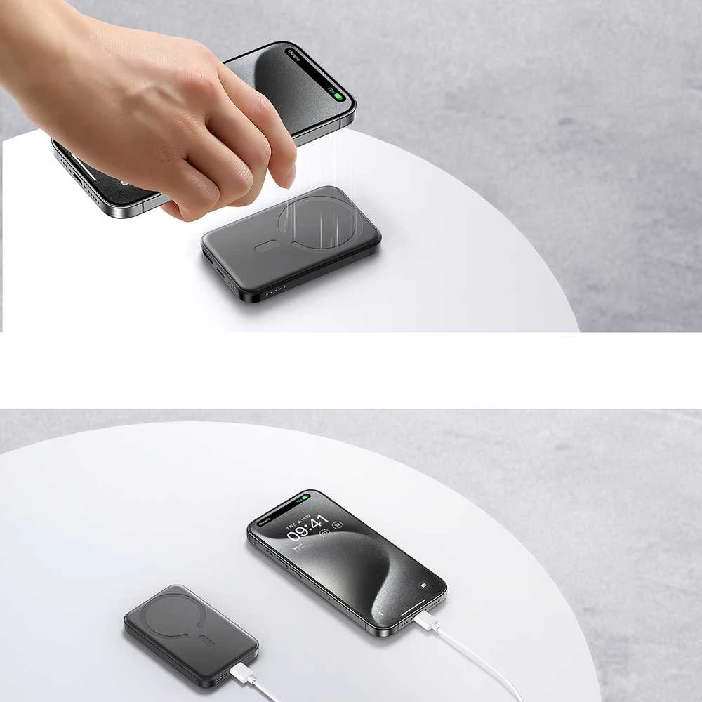 Powerbank Joyroom JR-W020 Mini 5000mAh USB-A USB-C inductive 20W – juodos spalvos + USB-C / USB-C cable