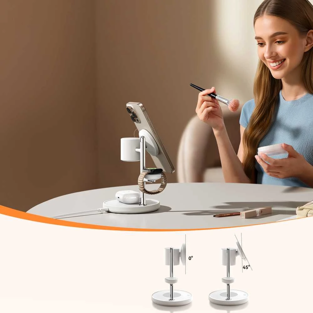 Joyroom JR-W23 Qi2 4 viename stalinis įkroviklis su įmontuota indukcine naktine lempute – baltas