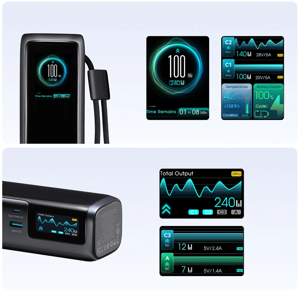 Joyroom PODIX PR70 25000mAh Power Bank iki 240W with Two Built-in USB-C Cables and Two TFT Screens - Gray