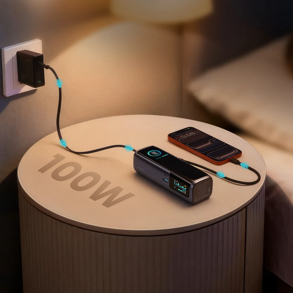 Joyroom PODIX PR70 25000mAh Power Bank iki 240W with Two Built-in USB-C Cables and Two TFT Screens - Gray
