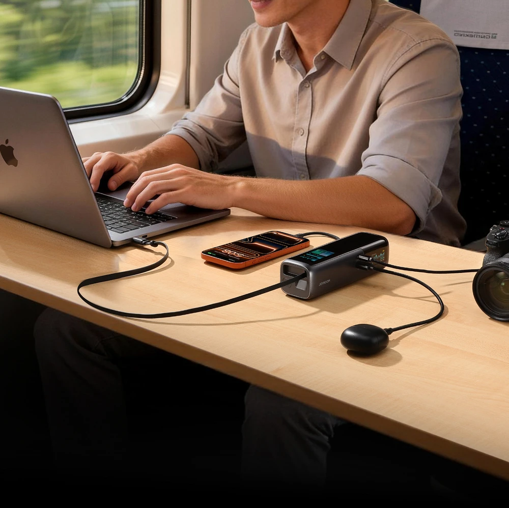 Joyroom PODIX PR70 25000mAh Power Bank iki 240W with Two Built-in USB-C Cables and Two TFT Screens - Gray
