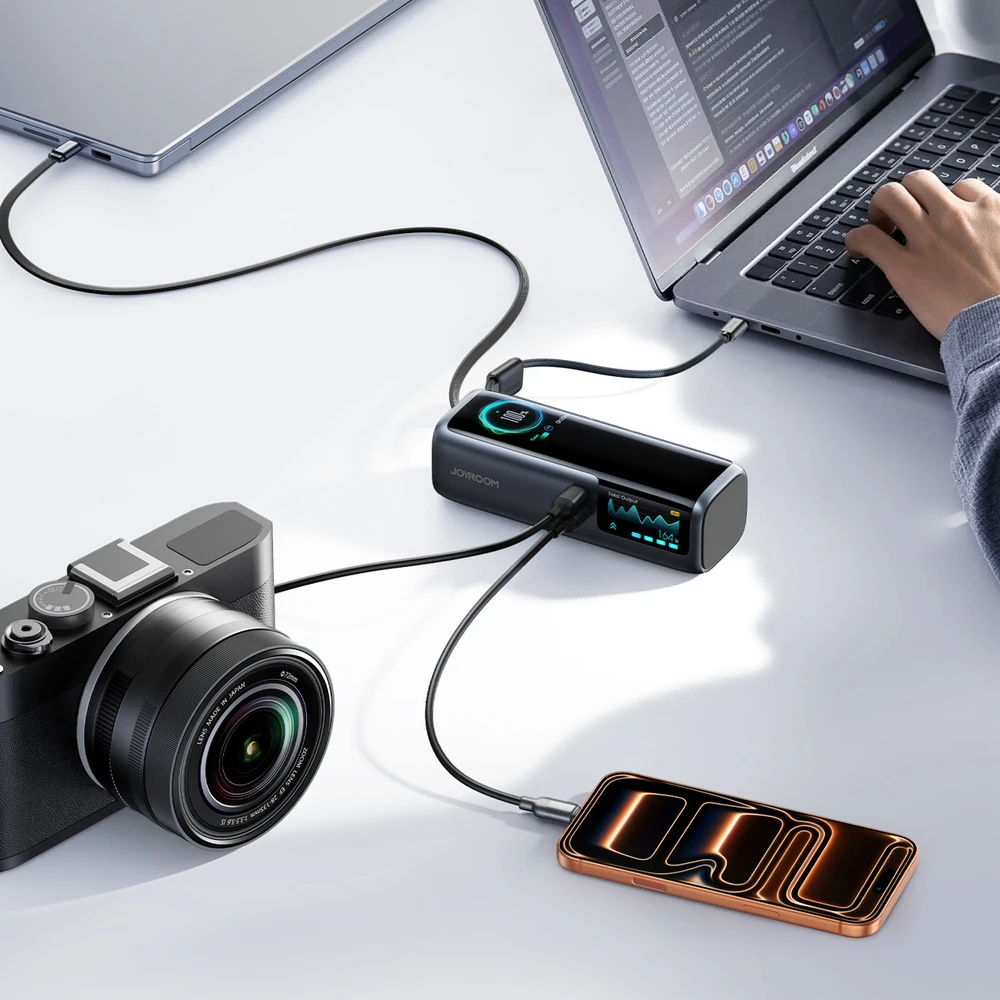 Joyroom PODIX PR70 25000mAh Power Bank iki 240W with Two Built-in USB-C Cables and Two TFT Screens - Gray