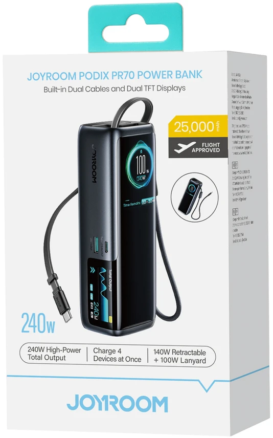 Joyroom PODIX PR70 25000mAh Power Bank iki 240W with Two Built-in USB-C Cables and Two TFT Screens - Gray