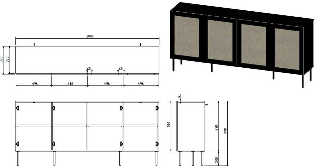 Cama Meble Komoda - Juta 4D 200x39,5x90, Juoda