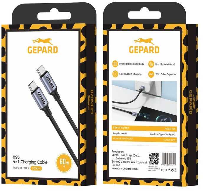 Kabelis GEPARD USB-C - USB-C 60W metalinė galvutė 2m