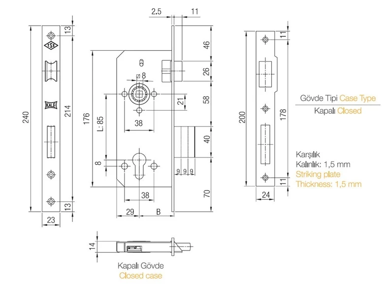 Kale_Killit Mortise lock 152/R45 3T. for the front door