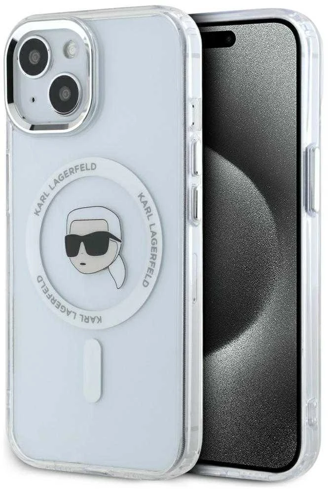Karl Lagerfeld IML Metal Karl Head MagSafe dėklas, skirtas iPhone 15 Plus, baltos spalvos