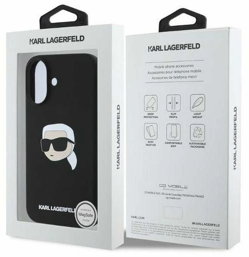 Karl Lagerfeld dėklas skirtas Apple iPhone 16 compatible with MagSafe KLHMP16SSKHPPLK (Sil KL Head Print) juodos spalvos