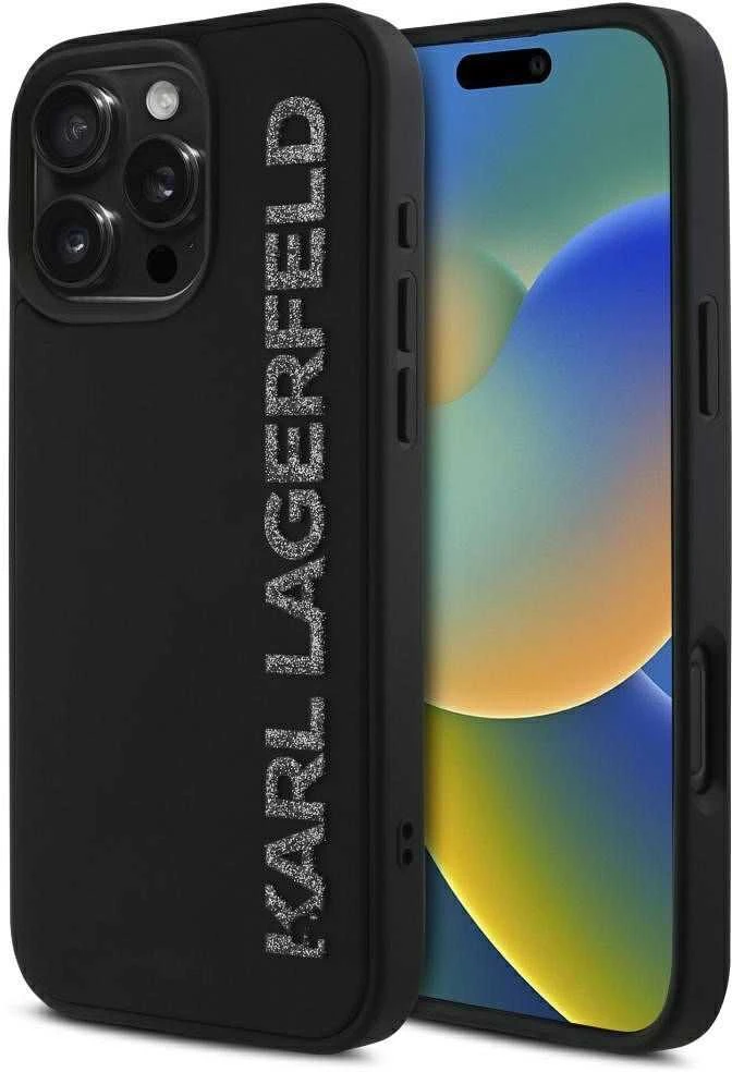 Dėklas Karl Lagerfeld HC 3D Rubber Elongated Glitter Apple iPhone 16 juodos spalvos