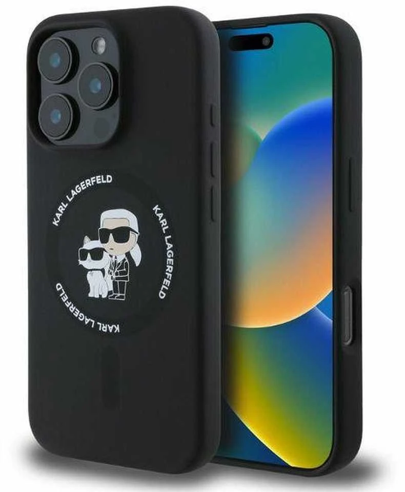 Karl Lagerfeld Liquid Silicone Karl and Choupette MagSafe dėklas skirtas Apple iPhone 16 Pro juodos spalvos