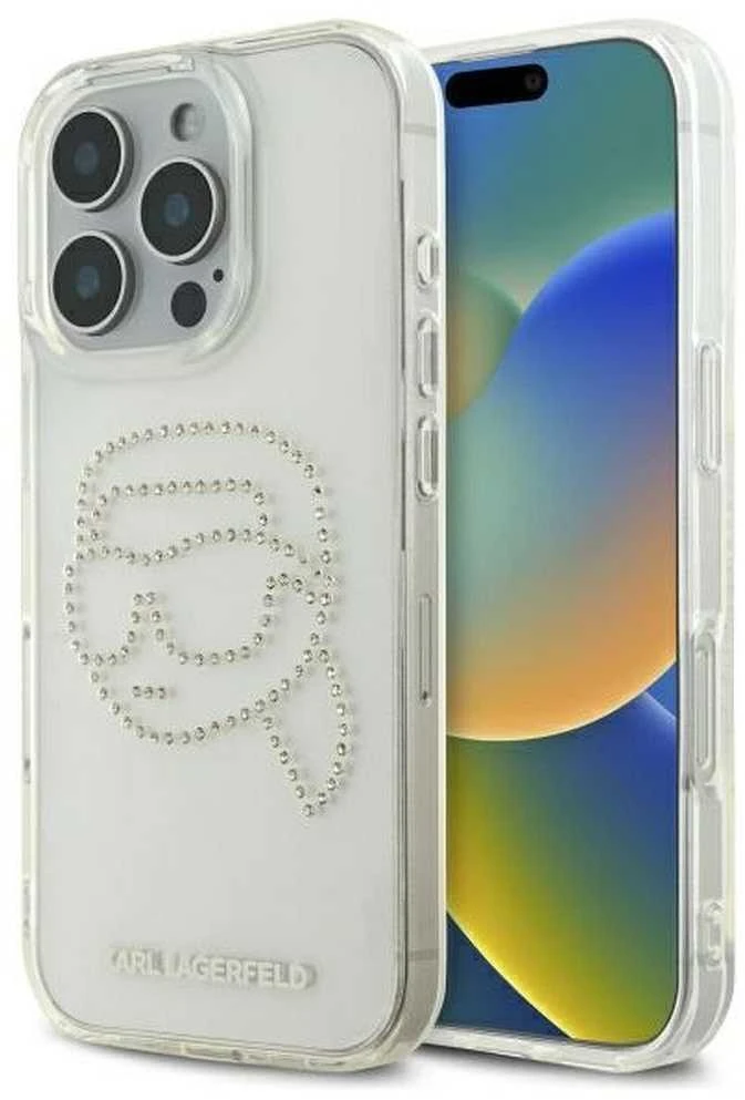Karl Lagerfeld IML Rhinestones Karl Head - dėklas skirtas Apple iPhone 16 Pro transparent