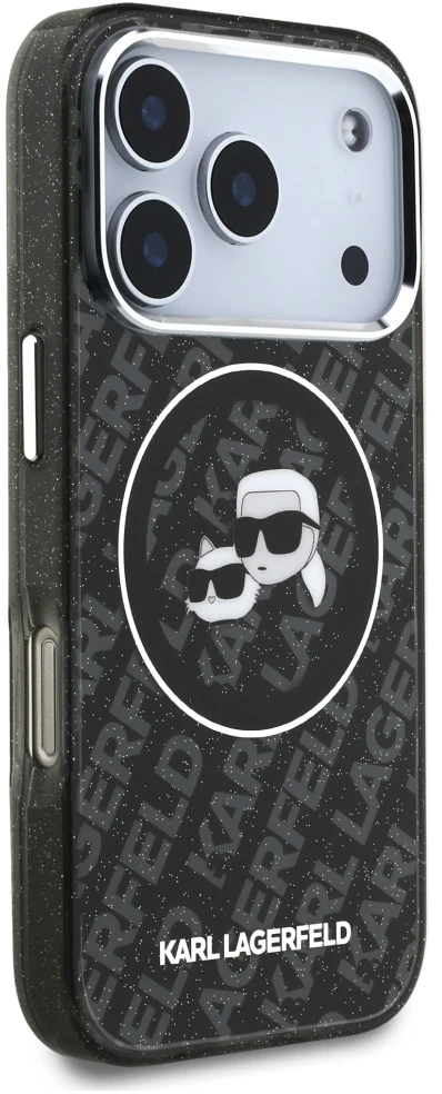 Dėklas Karl Lagerfeld IML Glitter Karl & Choupette Heads Logo MagSafe, skirtas iPhone 17 Pro, juodas