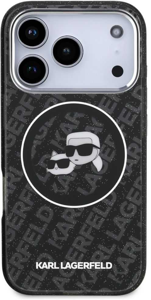 Karl Lagerfeld IML Glitter Karl & Choupette Heads Logo MagSafe - dėklas skirtas Apple iPhone 17 Pro juodas