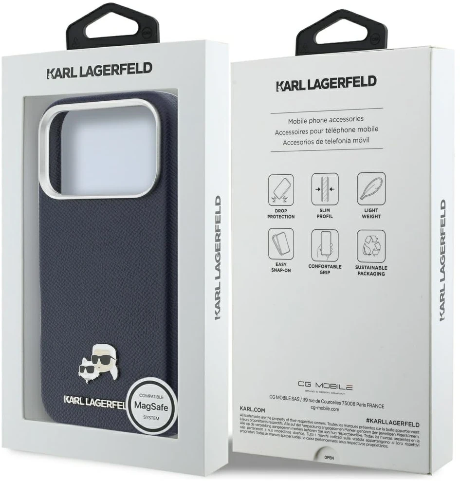 Karl Lagerfeld dėklas, skirtas IPHONE 17 Pro, suderinamas su MagSafe KLHMP17L6PFKCLB (PU FW W/ K&C Head Pin) mėlynas