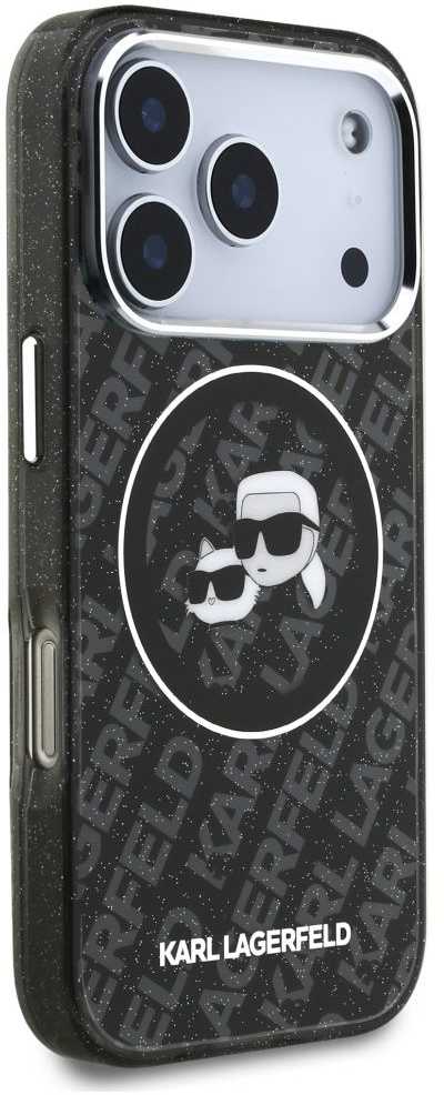 Karl Lagerfeld IML Glitter Karl & Choupette Heads Logo MagSafe - dėklas skirtas Apple iPhone 17 Pro juodas