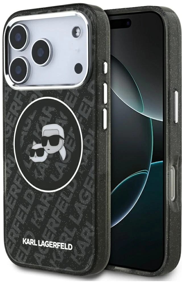 Dėklas Karl Lagerfeld IML Glitter Karl & Choupette Heads Logo MagSafe, skirtas iPhone 17 Pro, juodas