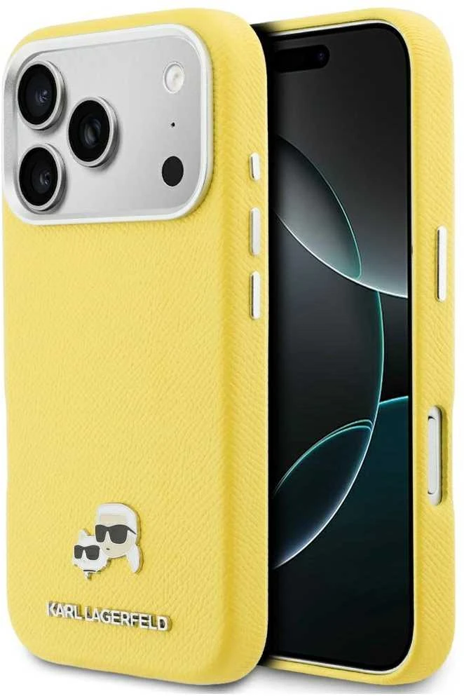 Karl Lagerfeld dėklas, skirtas IPHONE 17 Pro, suderinamas su MagSafe KLHMP17L6PFKCLY (PU FW W/ K&C galvutės smeigtuku), geltonas