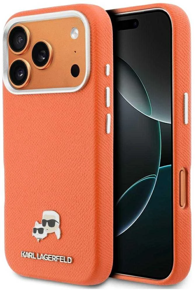 Karl Lagerfeld dėklas, skirtas IPHONE 17 Pro, suderinamas su MagSafe KLHMP17L6PFKCLO (PU FW W/ K&C Head Pin), oranžinis