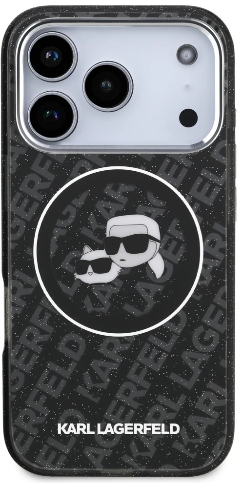 Dėklas Karl Lagerfeld IML Glitter Karl & Choupette Heads Logo MagSafe, skirtas iPhone 17 Pro, juodas